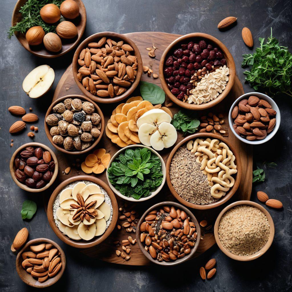 A beautifully arranged table featuring an array of fiber-rich and protein-packed nut dishes, such as almond butter, mixed nuts, and chia seed snacks. The backdrop should include fresh fruits, leafy greens, and wooden serving platters to evoke a healthy lifestyle. Soft natural lighting enhances the warm tones and textures of the nuts and ingredients. Include a small decorative element like a plant or herbs for a fresh touch. super-realistic. vibrant colors. natural light.