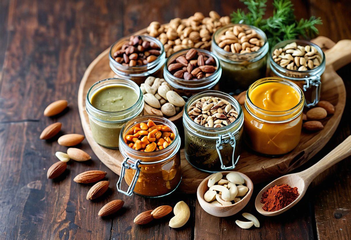 A colorful assortment of artisan nut snacks, beautifully arranged on a rustic wooden table. Include a variety of nuts like almonds, cashews, and walnuts, some sprinkled with herbs and spices. Bright, natural lighting enhances the textures and colors of the nuts, with a hint of greenery in the background to evoke a healthy, rustic vibe. Add subtle elements like a wooden scoop and a small glass jar with nut butter for a delightful touch. vibrant colors. natural light. rustic style.